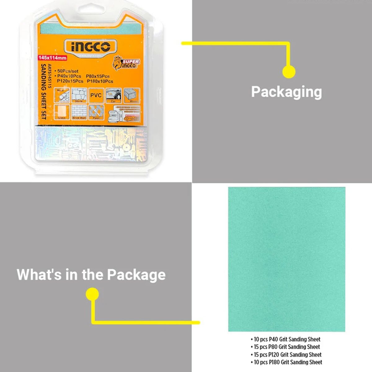 INGCO - Set 50 Lijas P40 80 120 180 Multimaterial 145x114 Mm Ingco