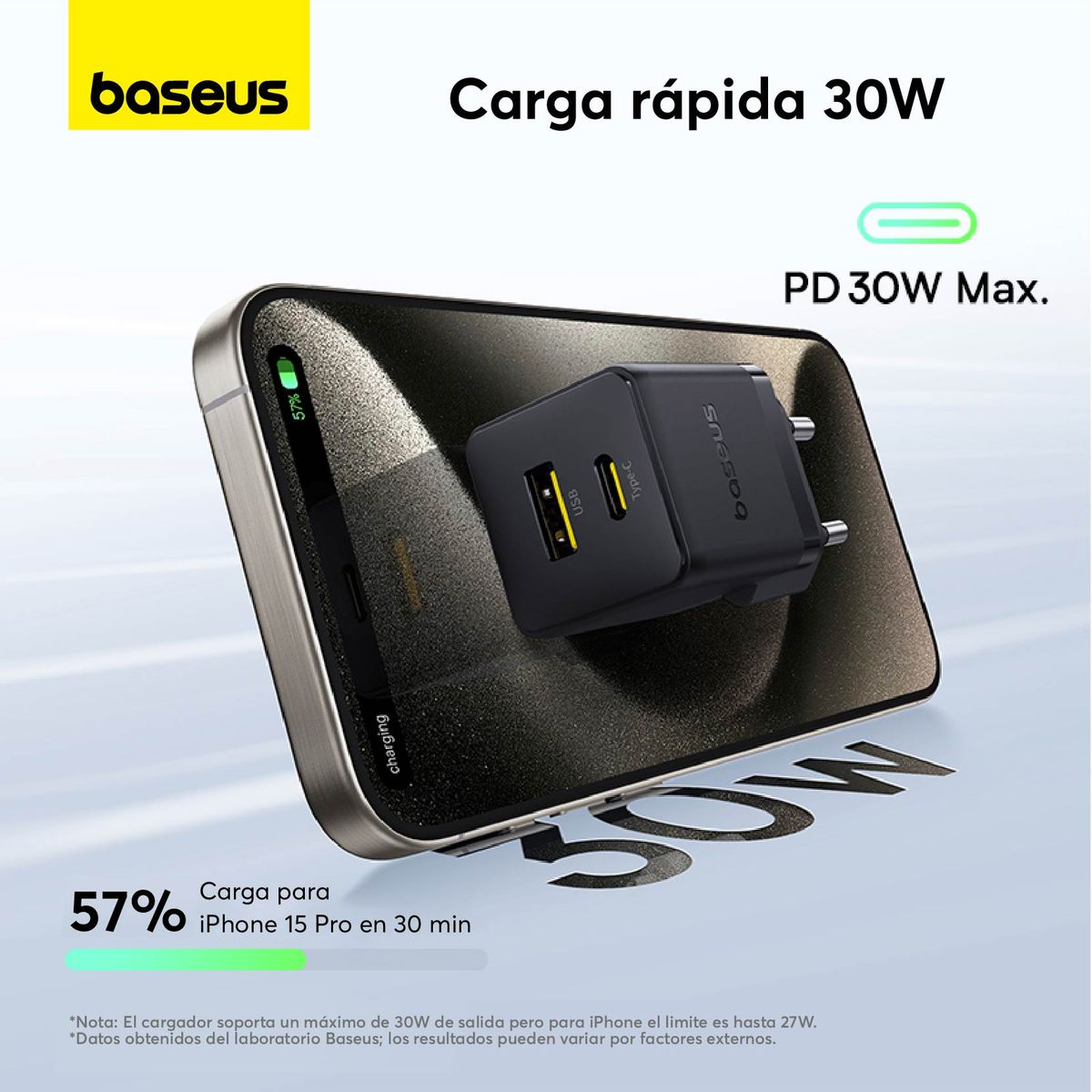 BASEUS - Cargador Rápido Baseus PalmCluster USB USB C 30W + Cable USB C Negro