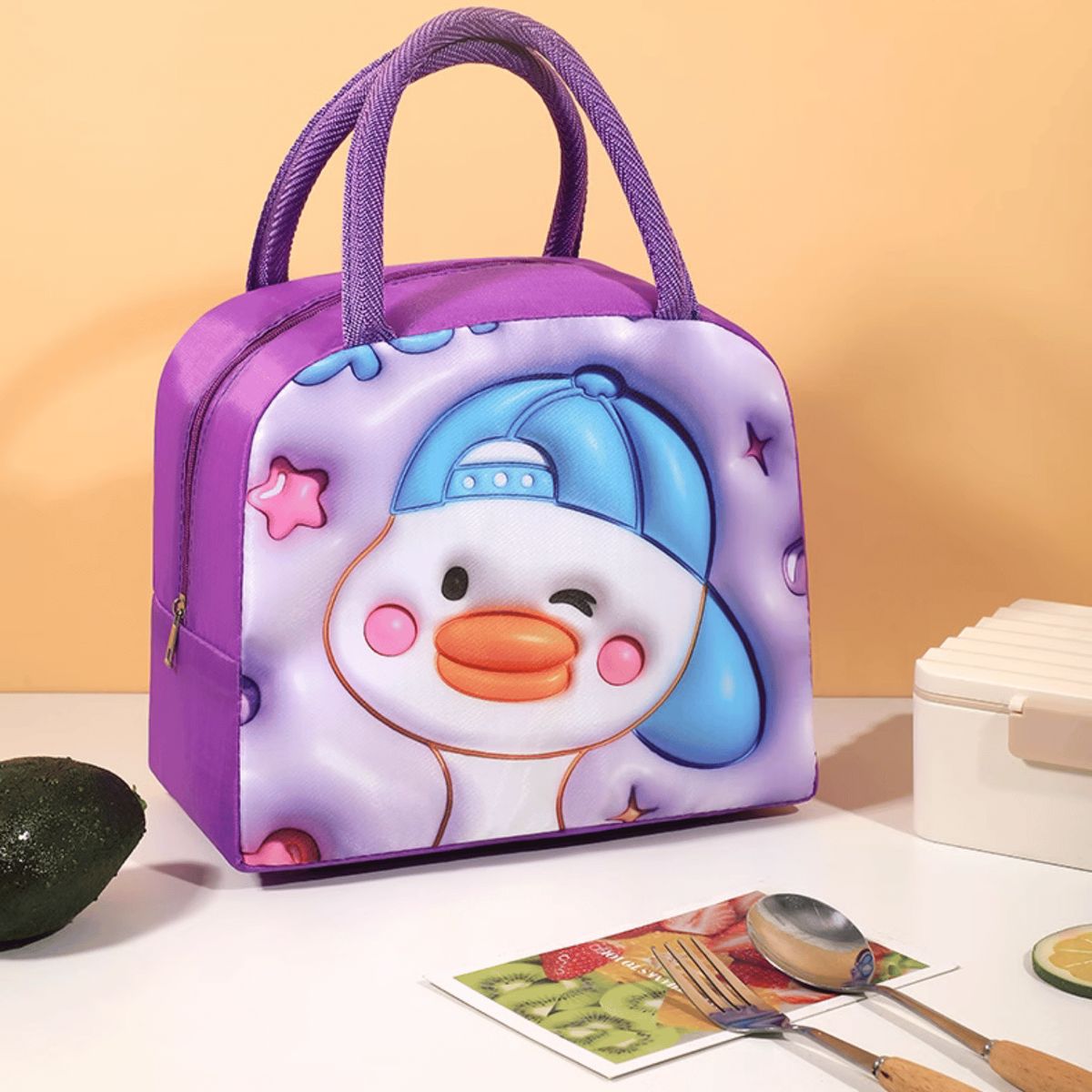 HOMESTAR - Lonchera térmica infantil púrpura con diseño de pato caricatura