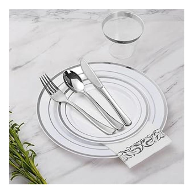 GENERICO - Platos Desechables Elegantes Fiesta 10 Personas 70 Pcs Silver