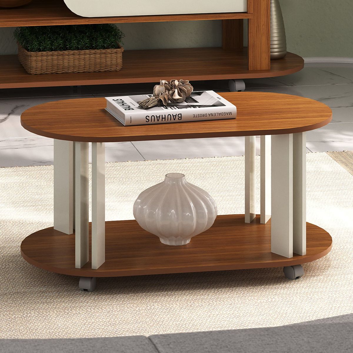 EXIT - Mesa de Centro Ovalada 91x44x45 cm Marrón Beige - Mundi