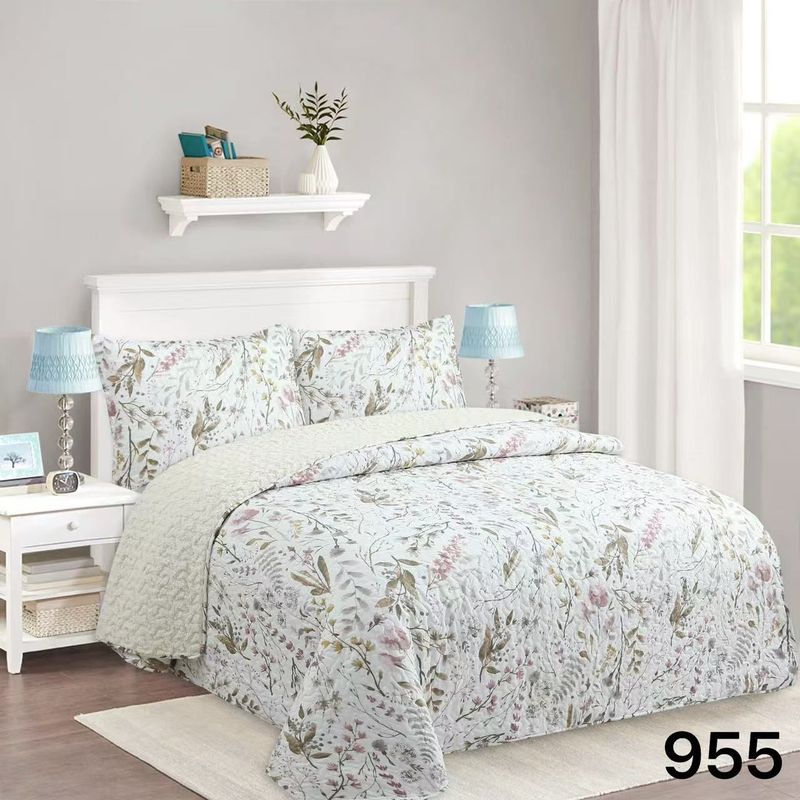 GENERICO - Cubrecama Quilt Sherpa 1.5 Plazas - Blanco Flores M955