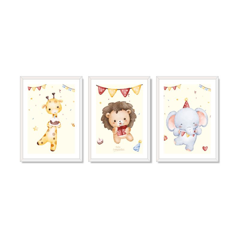 ALCUADRADO - Set Triple Cuadros Cumpleaños infantil de animales Blanco 50x40 cm