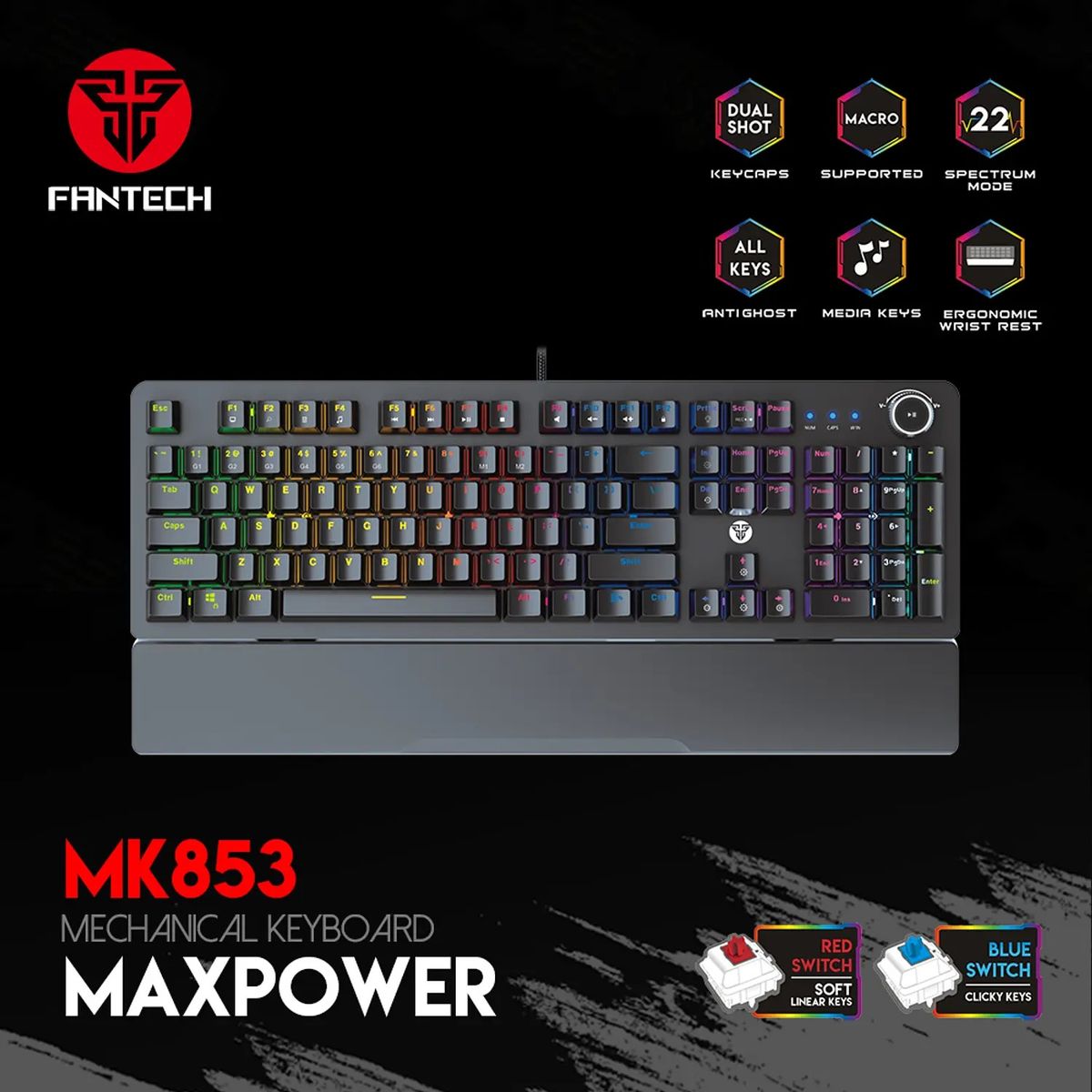 FANTECH - Teclado Gamer Fantech Maxpower Mk853 Negro Sw Red Español