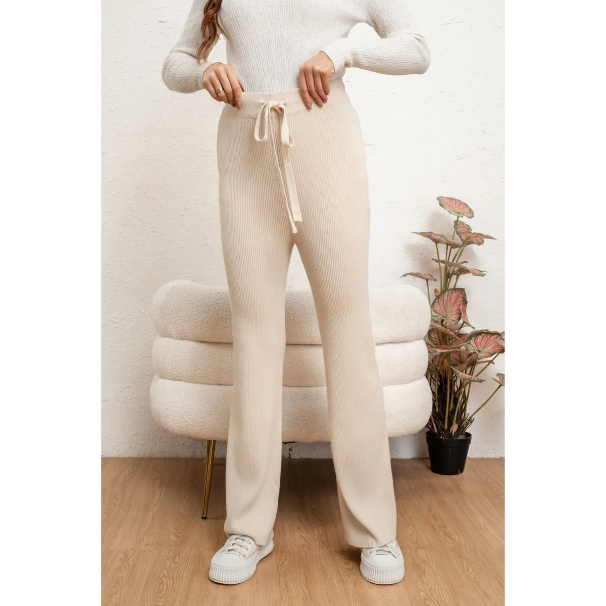 LIKE SHOP - Pantalon Calza Mujer Recto Lanilla Tiro Alto Full Elasticado 5052
