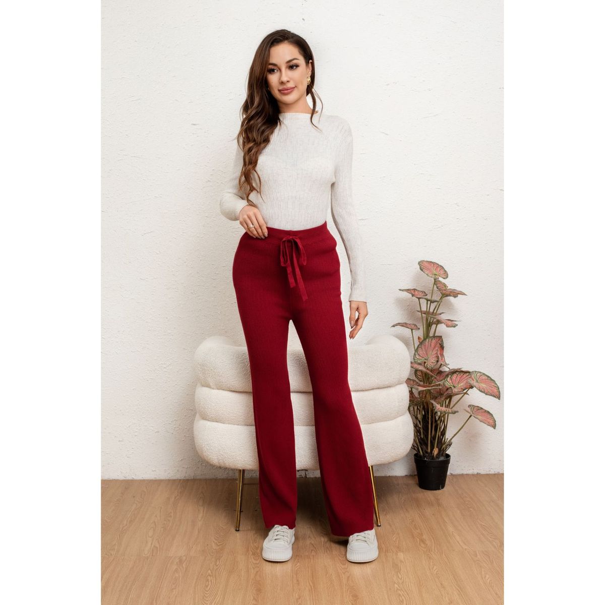 LIKE SHOP - Pantalon Calza Mujer Recto Lanilla Tiro Alto Full Elasticado 5052