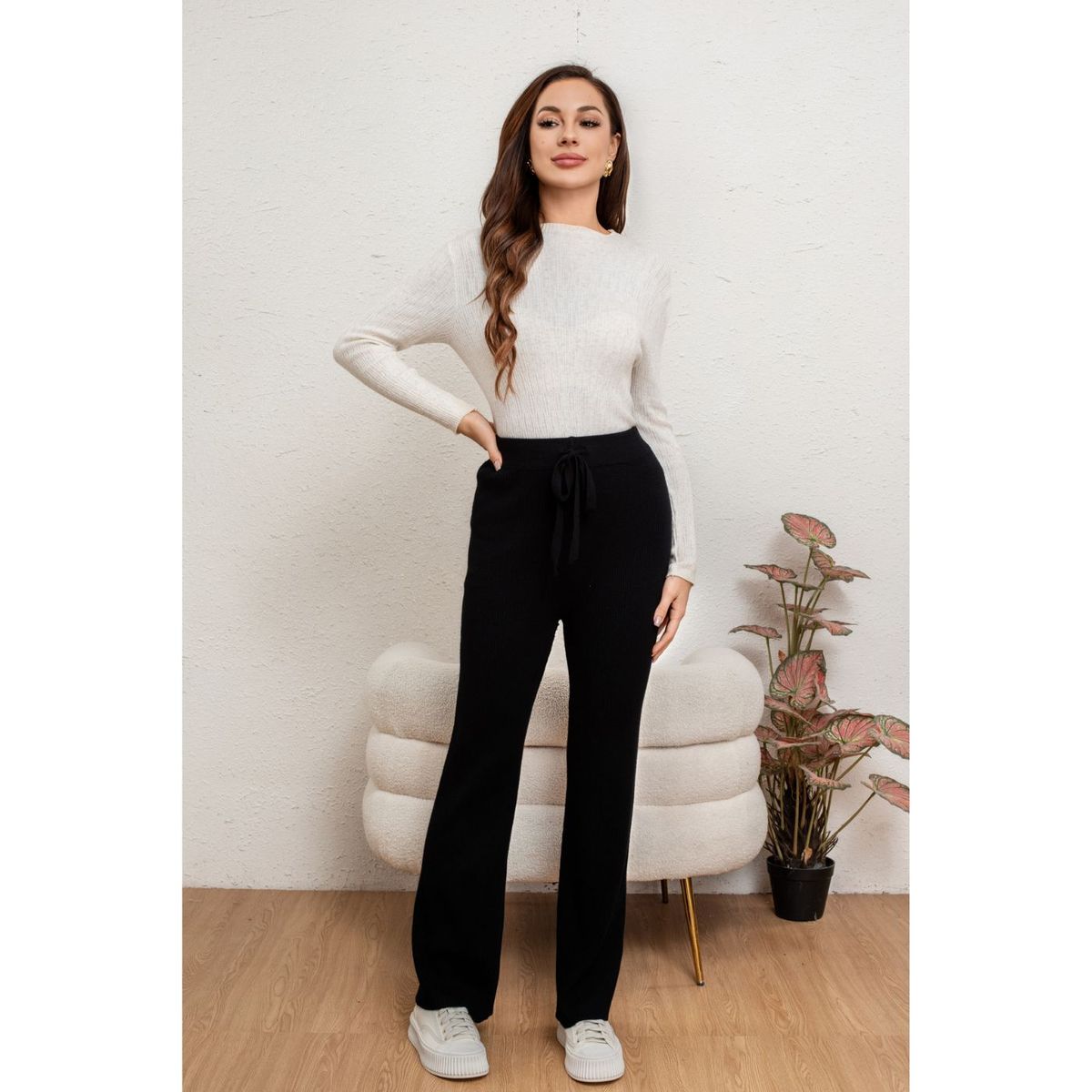 LIKE SHOP - Pantalon Calza Mujer Recto Lanilla Tiro Alto Full Elasticado 5052