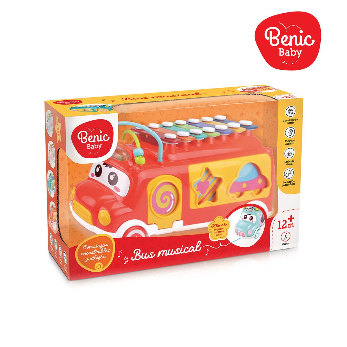 BENIC BABY - Juguete Xilófono Autobús con Baquetas y Ruedas Bebé