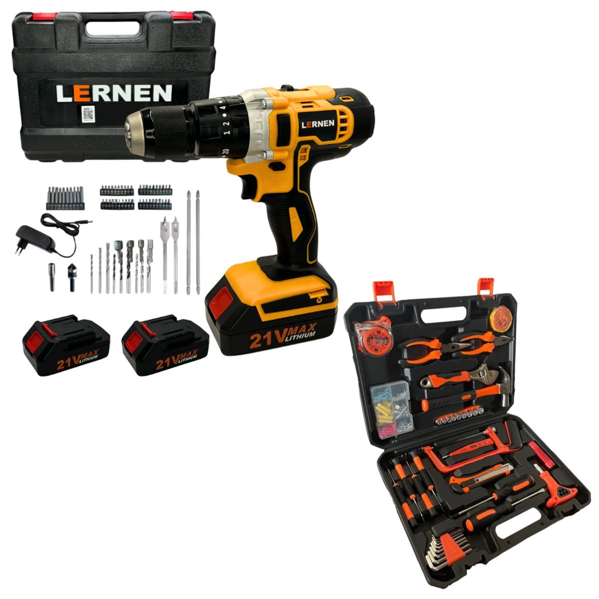 LERNEN - Pack Taladro Inalámbrico Percutor 13 Mm 2 Baterías + Set 150 Herramientas