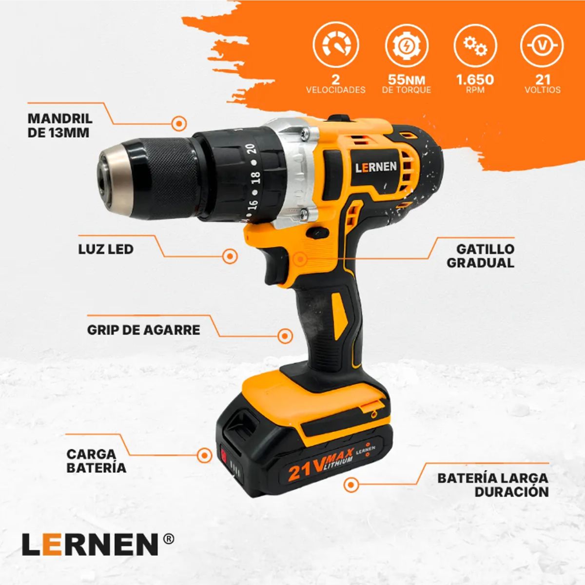 LERNEN - Pack Taladro Inalámbrico Percutor 13 Mm 2 Baterías + Set 150 Herramientas