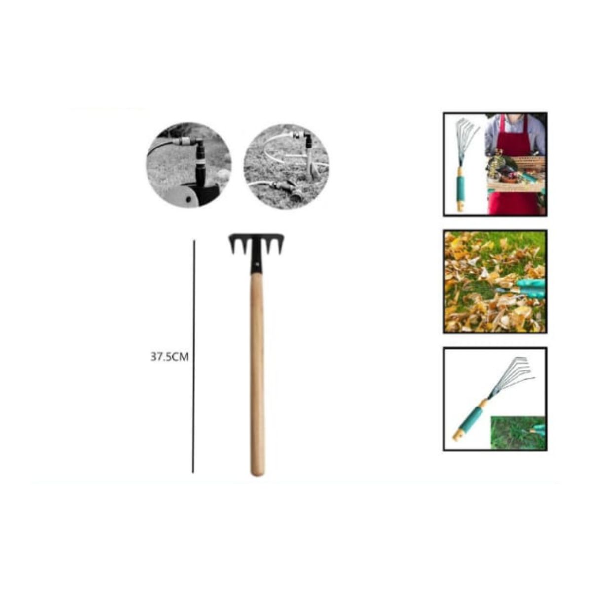 GENERICO - Rastrillo De Cesped 5 Dientes Mango Madera 37,5Cm