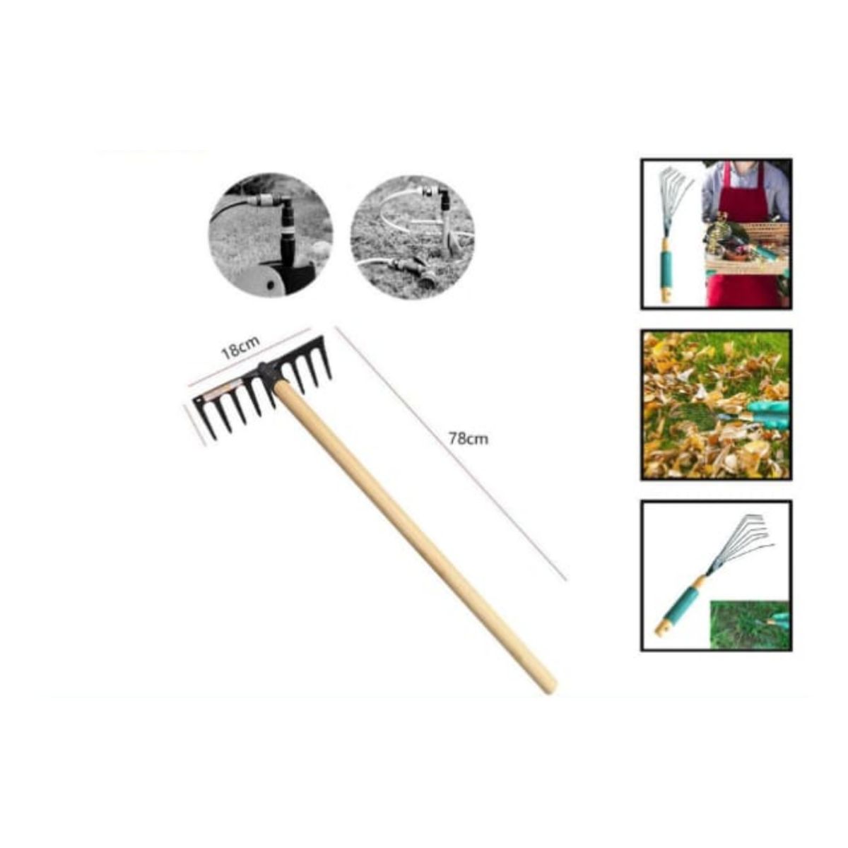 GENERICO - Rastrillo De Cesped 8 Dientes 75 Cm Mango Madera Jardineria