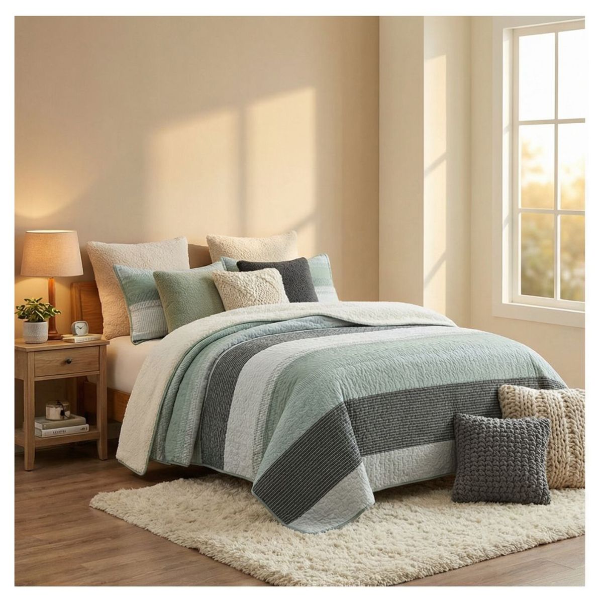 GENERICO - Cubrecama Quilt Sherpa King - Verde Tricolor M951