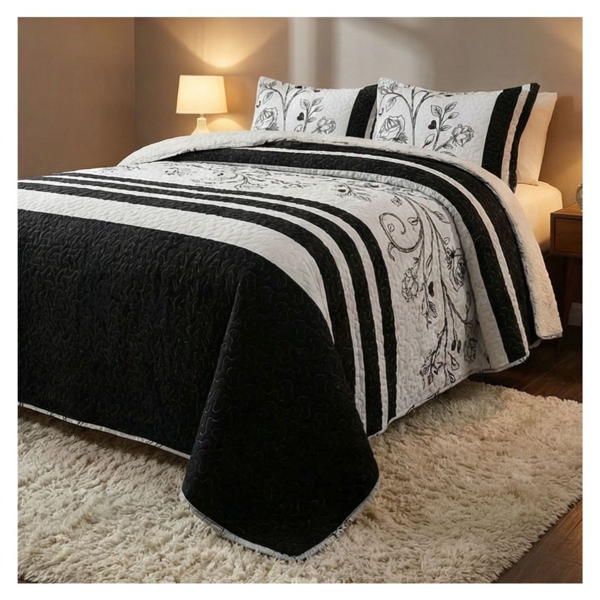 GENERICO - Cubrecama Sherpa King - Negro Blanco Rosas M950