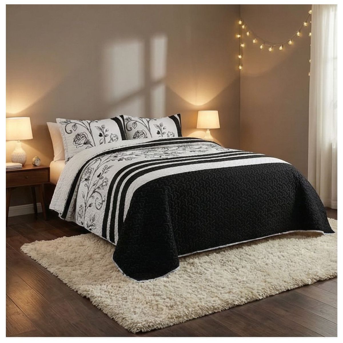 GENERICO - Cubrecama Sherpa King - Negro Blanco Rosas M950