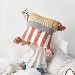GENERICO - Funda Cojín 45x45 Rayas Pompones Larentia Cierre Invisible Terracota