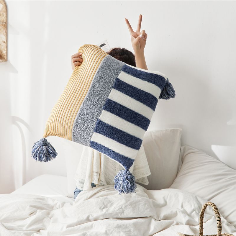GENERICO - Funda Cojín 45x45 Rayas Pompones Larentia Cierre Invisible Azul