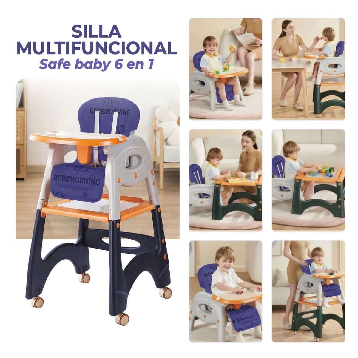 MUNDO ONLINE - Silla Comer Bebe Safe Baby + Mesa 6 en 1 Con Ruedas