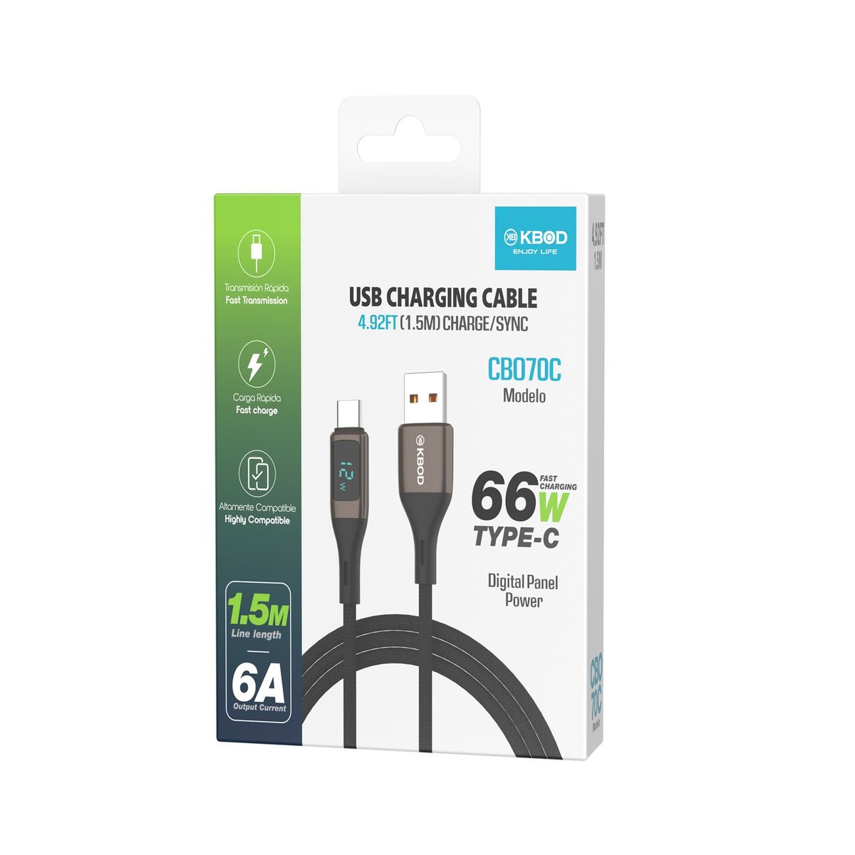 KBOD - Cable Para Carga y Datos Usb Tipo C Kbod Cbo70 1-5 Metros 66W Negro