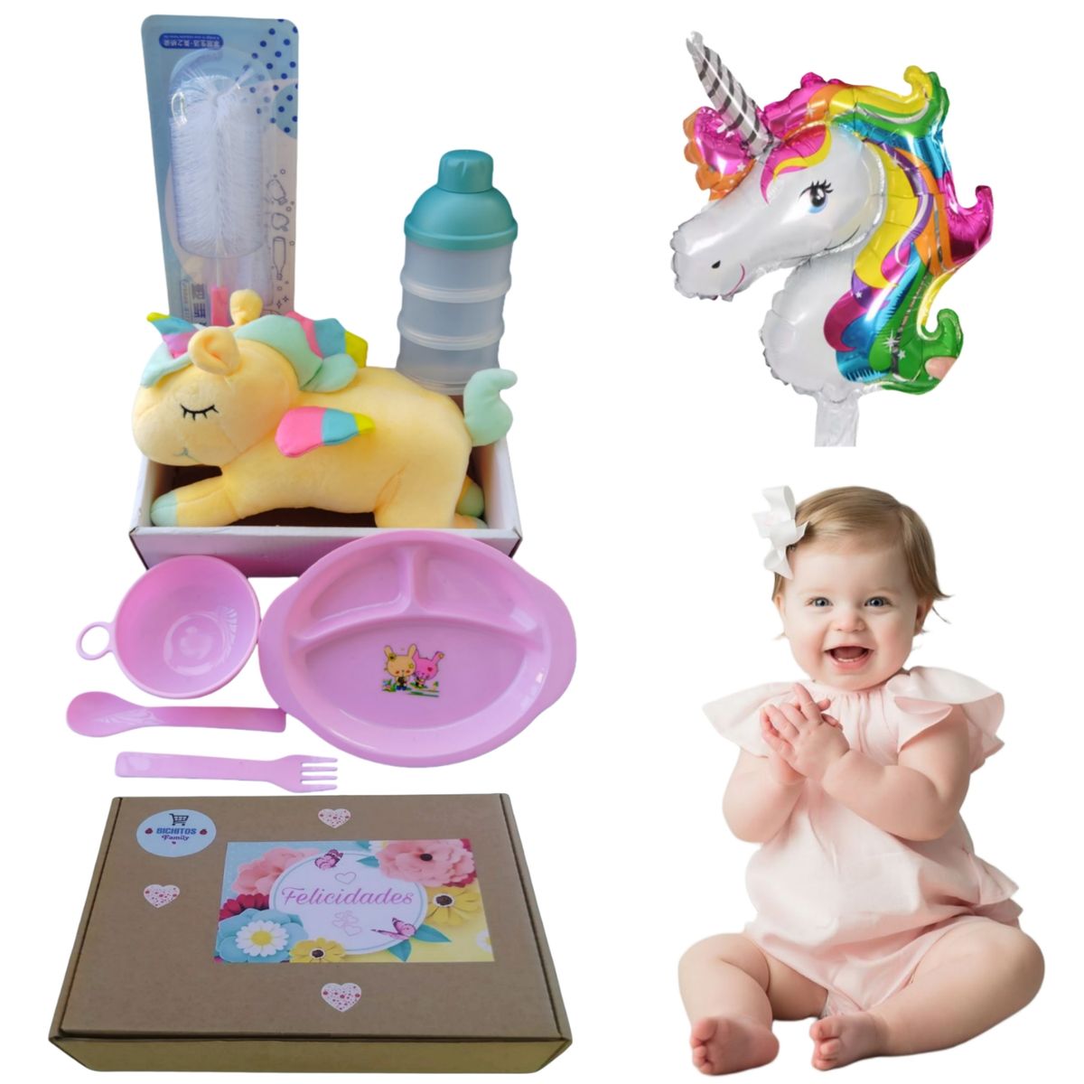 GENERICO - Set peluche unicornio más accesorios para bebés,  regalo babyshower kawaii