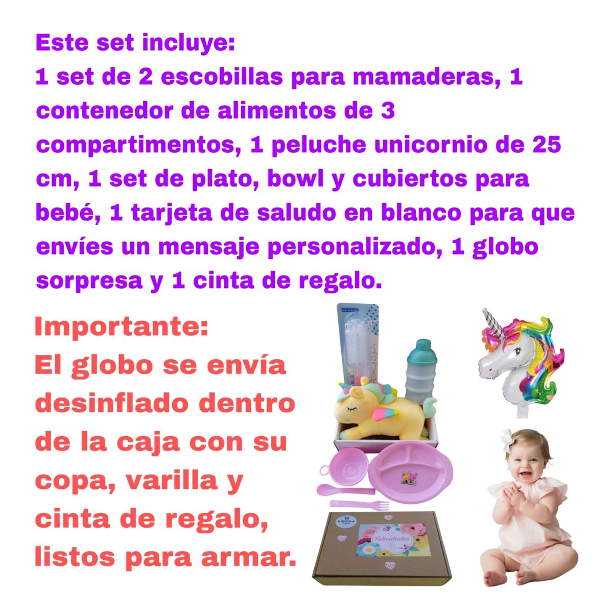 GENERICO - Set peluche unicornio más accesorios para bebés,  regalo babyshower kawaii