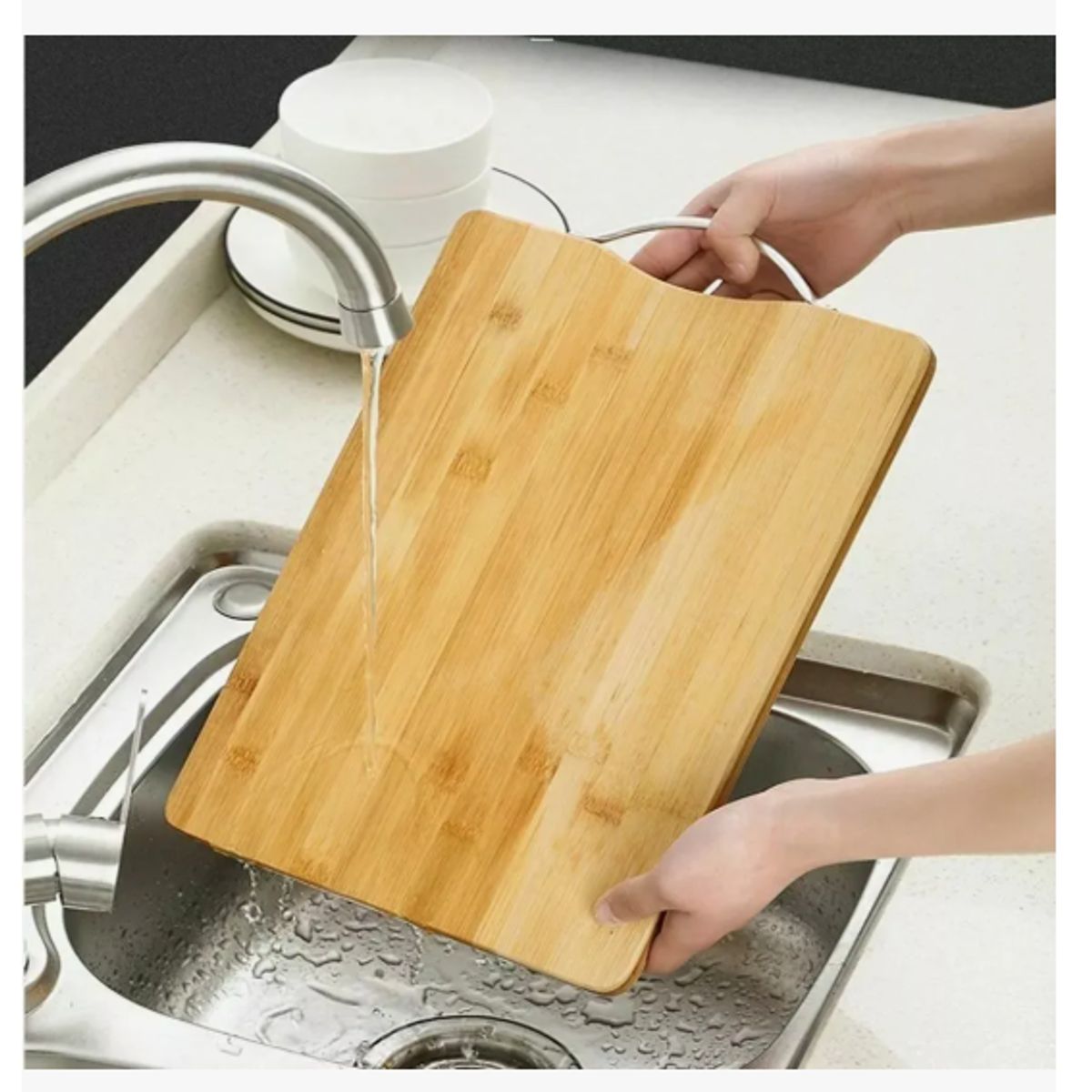 GENERICO - Tabla De Cocina Para Cortar Bambú Firme Mango Metálico 34cm