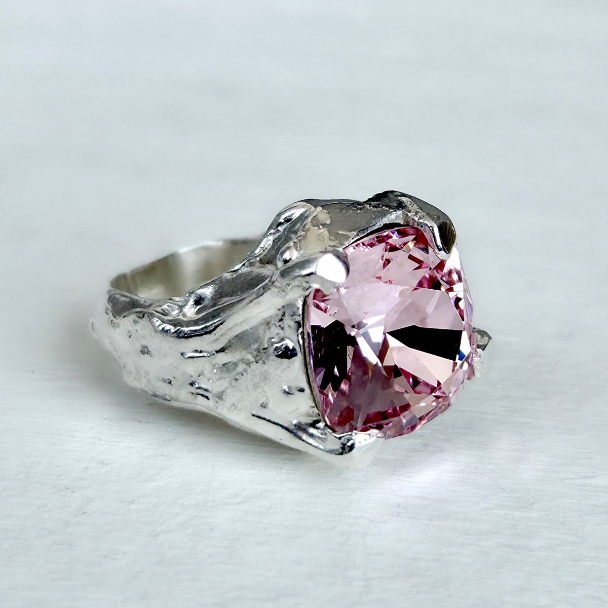 GENERICO - Anillo Plata 950 Cristal Austríaco Rosa Grande Rústico Pieza Única