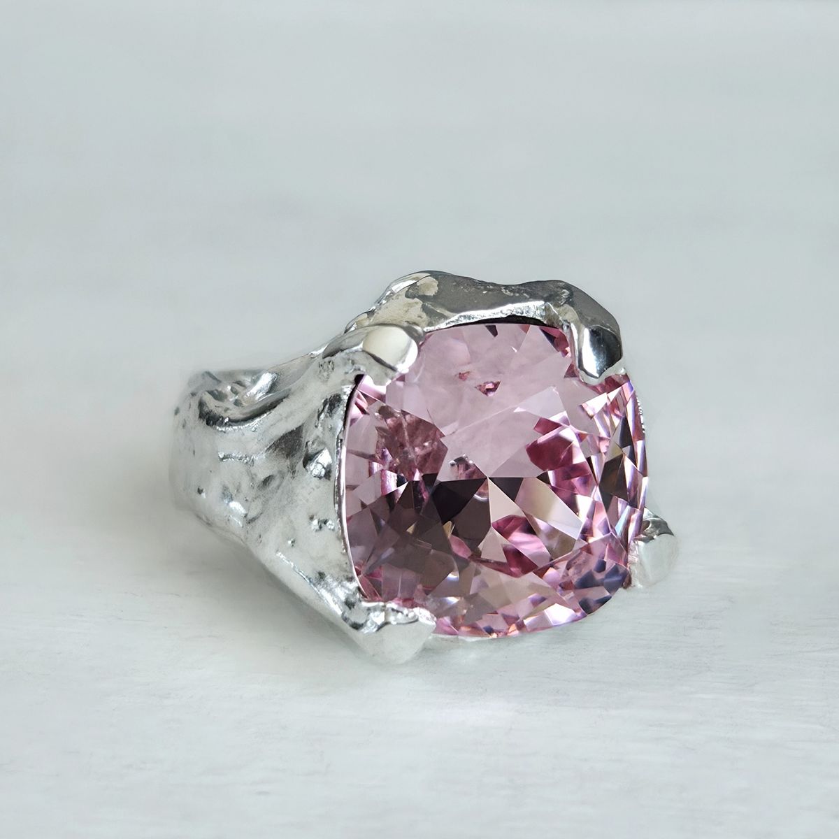 GENERICO - Anillo Plata 950 Cristal Austríaco Rosa Grande Rústico Pieza Única