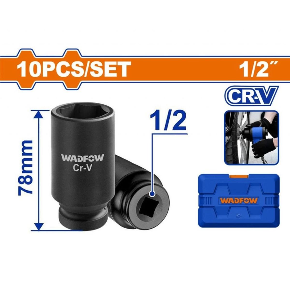WADFOW - Set Dados De Impacto Largos 10 Pz 1/2 Pulgada Wadfow Wms2d02