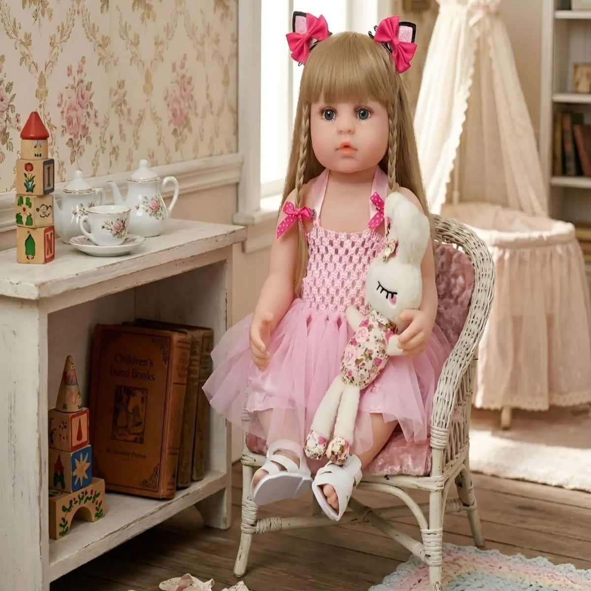 GENERICO - Muñeca Reborn Realista con Accesorios y Peluche de Conejo