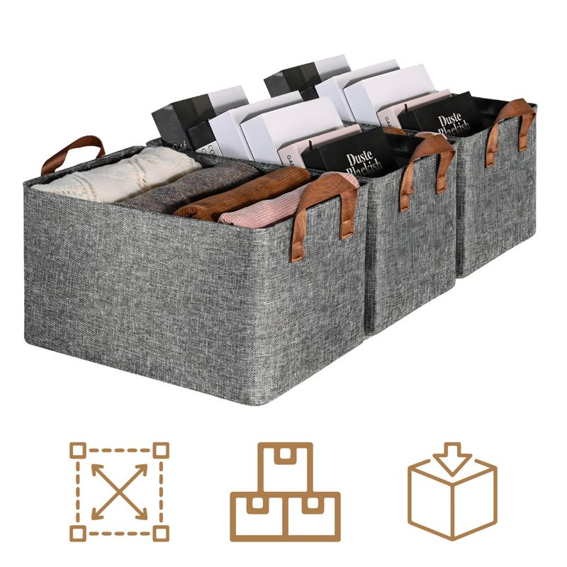 GENERICO - Caja Organizadora Plegable Apilable 47x28x20cm Gris Con Asa Pack de 3