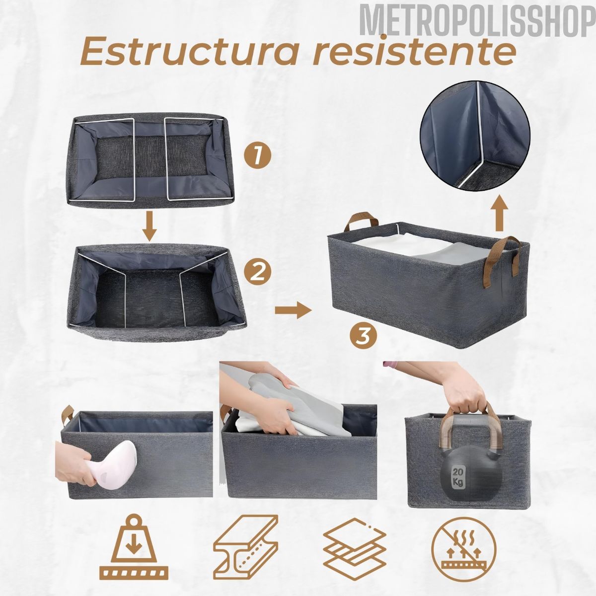 GENERICO - Caja Organizadora Plegable Apilable 47x28x20cm Gris Con Asa Pack de 3