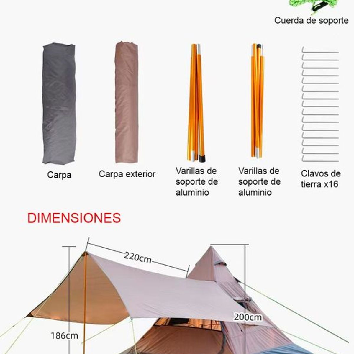 GENERICO - Carpa tipo pirámide con toldo para camping cafe