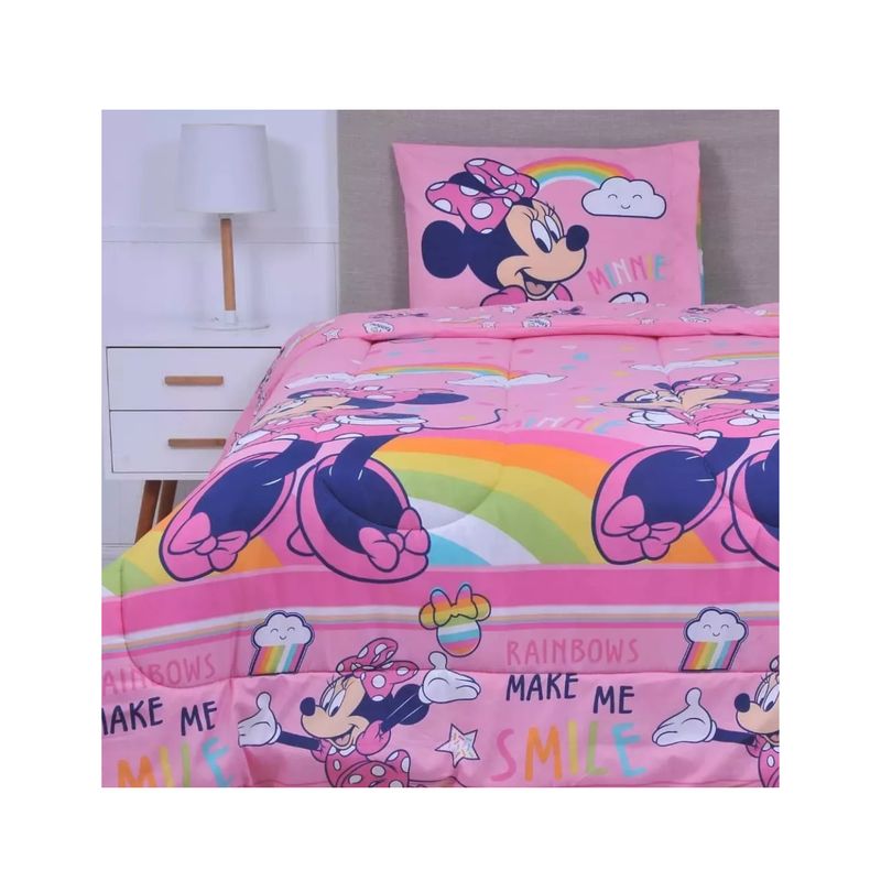 MASHINI - Cobertor Plumón Cubrecama Reversible 1.5 Plaza Diseño Minnie Mouse Rainbow