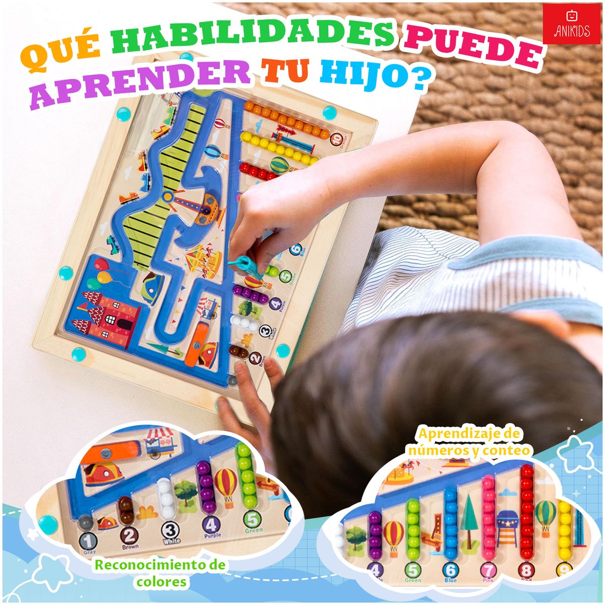 ANIKIDS - Juguete Montessori Madera Laberinto Magnético Niños Niñas