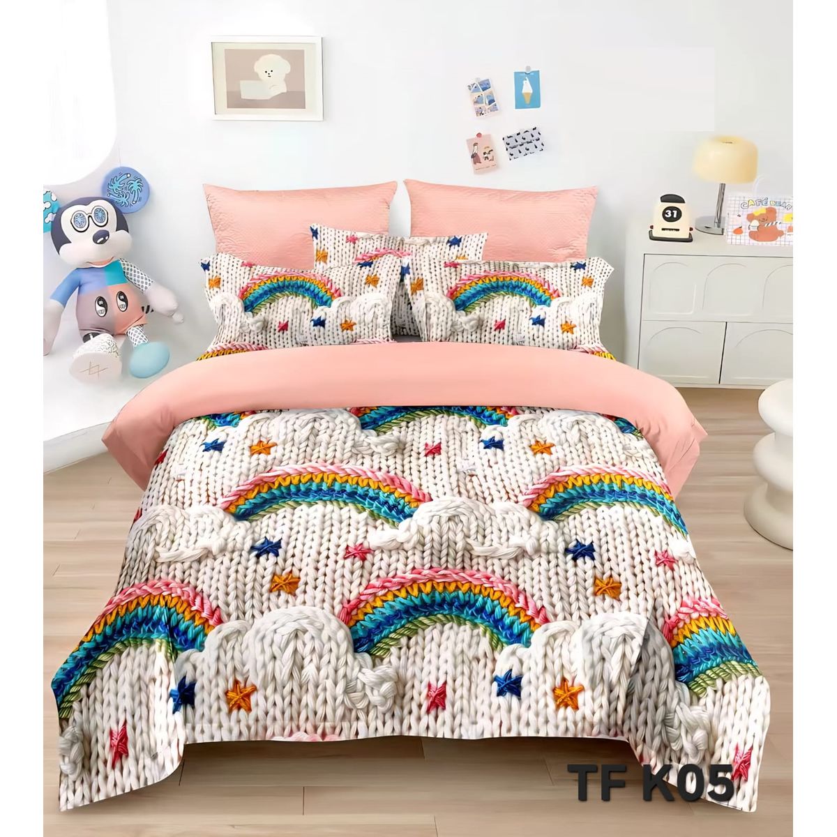 GENERICO - cubrecama 5D QUILT 1.5 PLAZA TIERNOS ARCOIRIS DISEÑO INFANTIL TF
