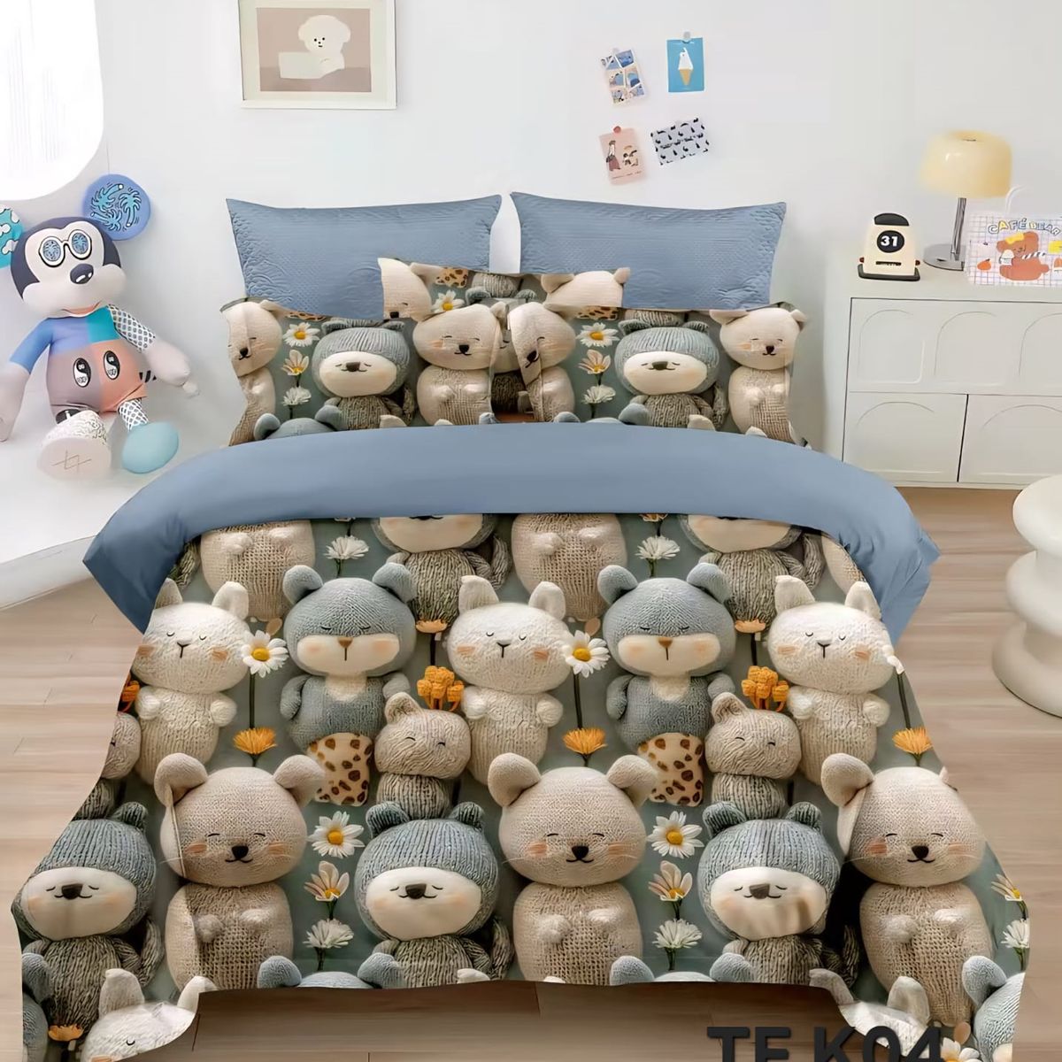 GENERICO - cubrecama 5D QUILT 1.5 PLAZA TIERNO OSITOS AZUL DISEÑO INFANTIL TF