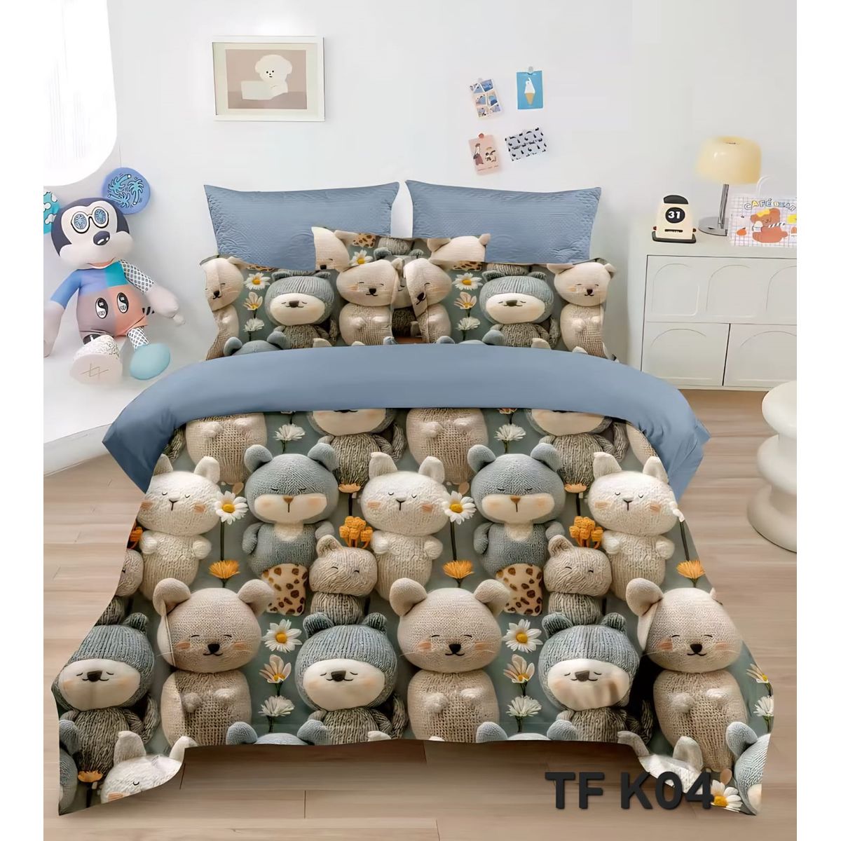 GENERICO - cubrecama 5D QUILT 1.5 PLAZA TIERNO OSITOS AZUL DISEÑO INFANTIL TF