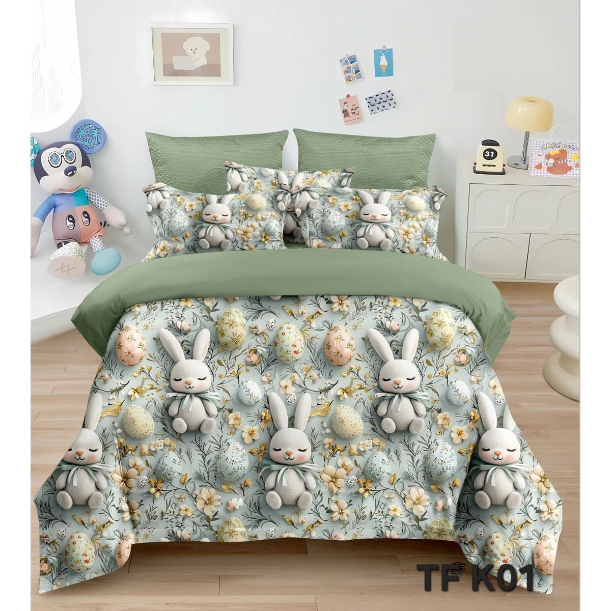 GENERICO - CUBRECAMA INFANTIL 5D 1.5 PLAZA QUILT VERDE CONEJO TF
