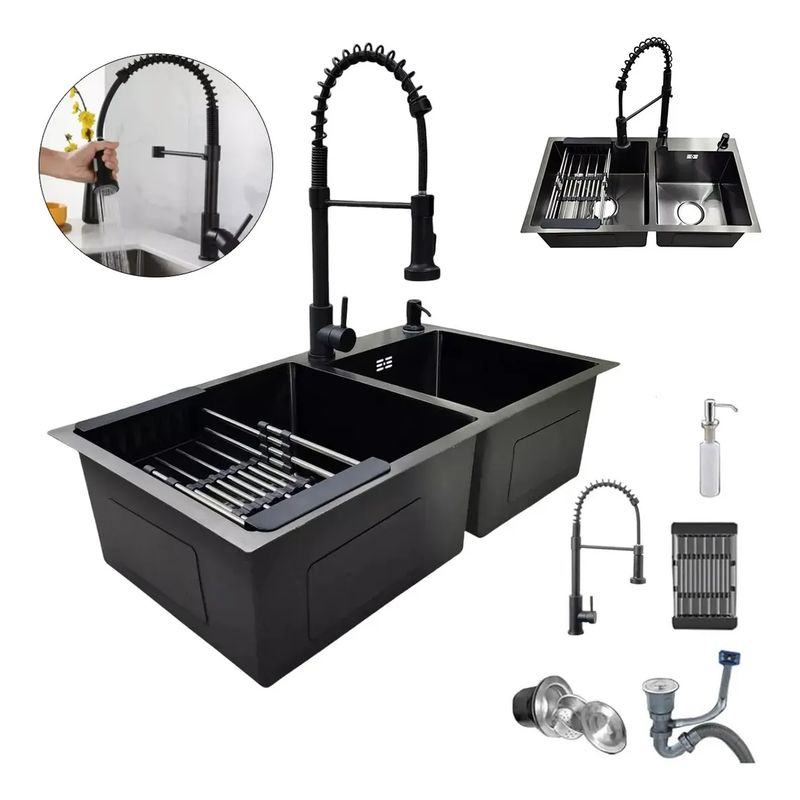 GENERICO - Lavaplatos Doble 78x43 Acero Black Con Rejilla + Dispensador