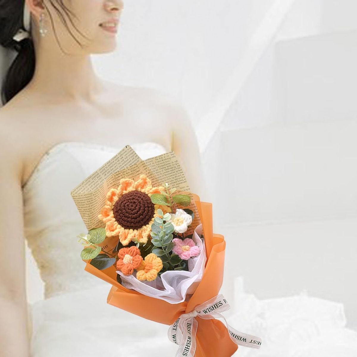 KUANGYE - Ramo De Flores A Crochet Con Girasol Margaritas Bouquet