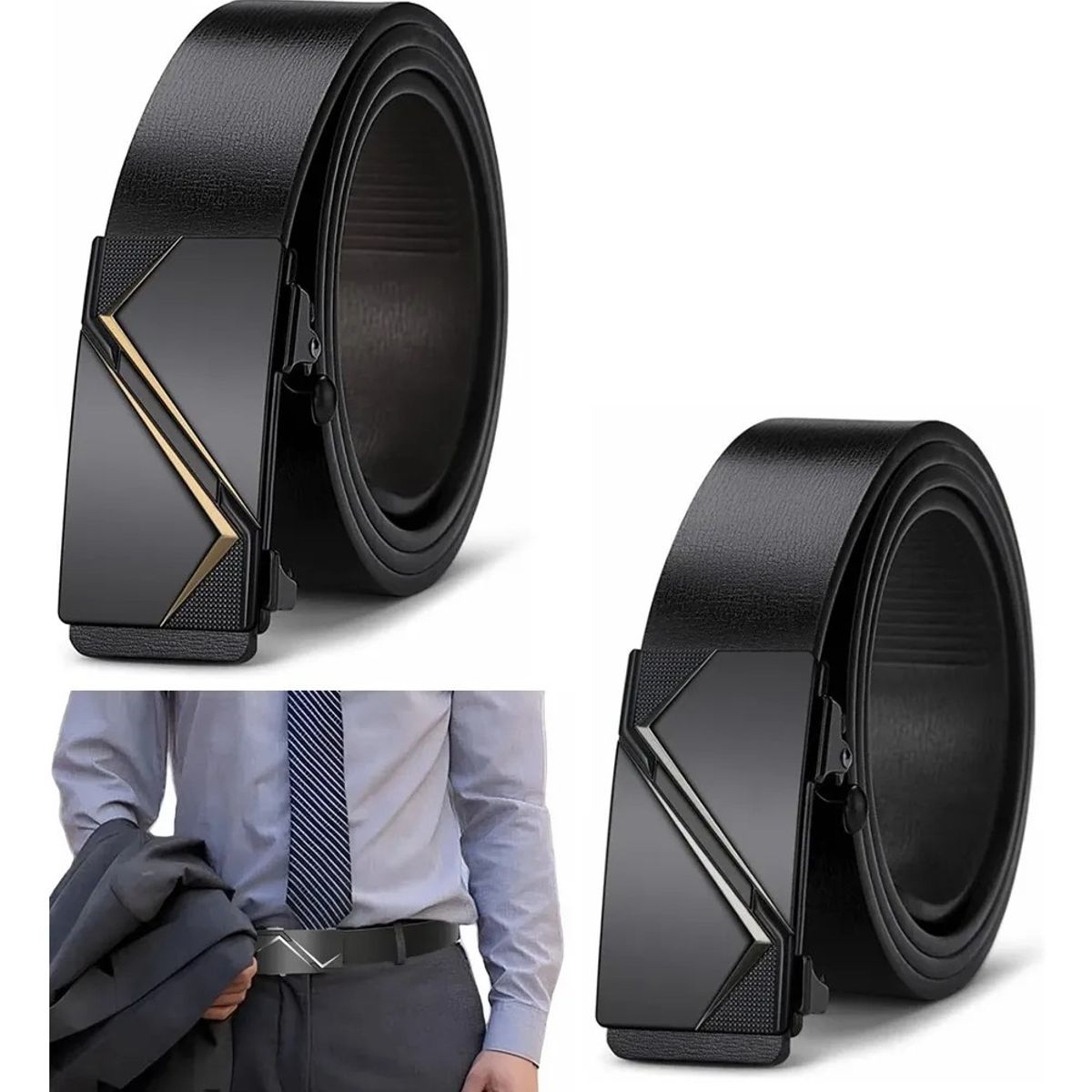 KUANGYE - Cinturón Hombre Cuero De Vacuno Con Hebilla Automática 125cm