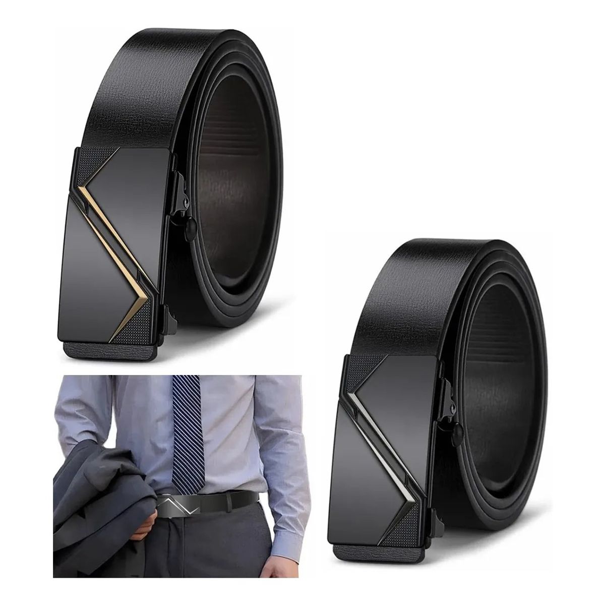 KUANGYE - Cinturón Hombre Cuero De Vacuno Con Hebilla Automática 125cm