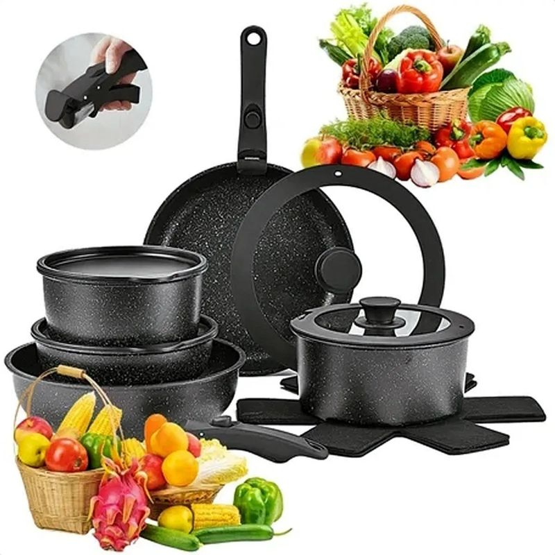 GENERICO - Juego De Ollas Y Sarten Bateria De Cocina Extraíble 15pcs Negro