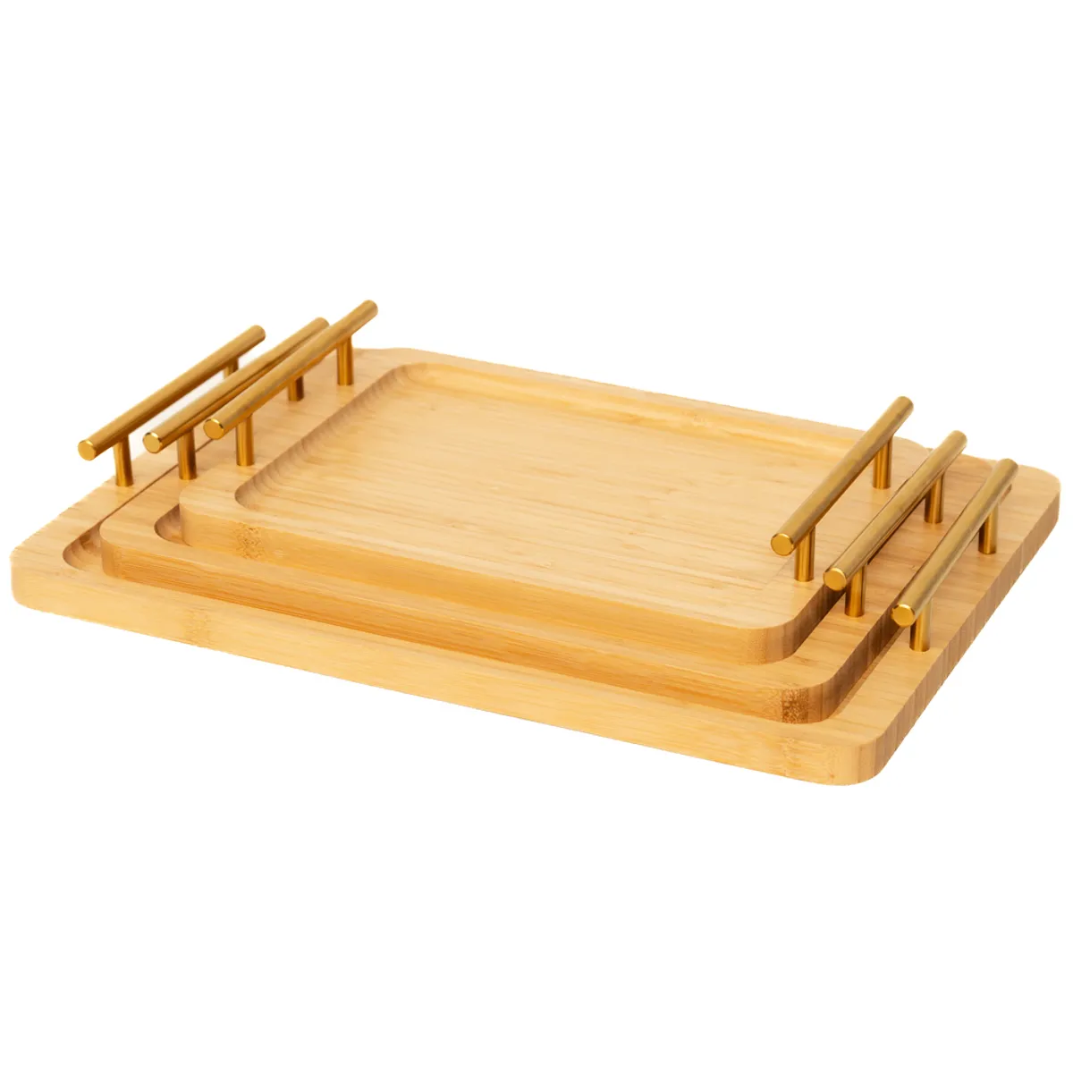 WAKESHOME - Set 3 Bandeja De Servicio Bambu Con Asas De Cocina Desayuno Madera