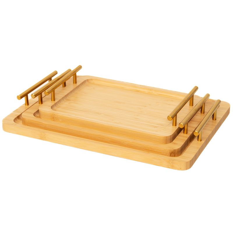 WAKESHOME - Set 3 Bandeja De Servicio Bambu Con Asas De Cocina Desayuno Madera