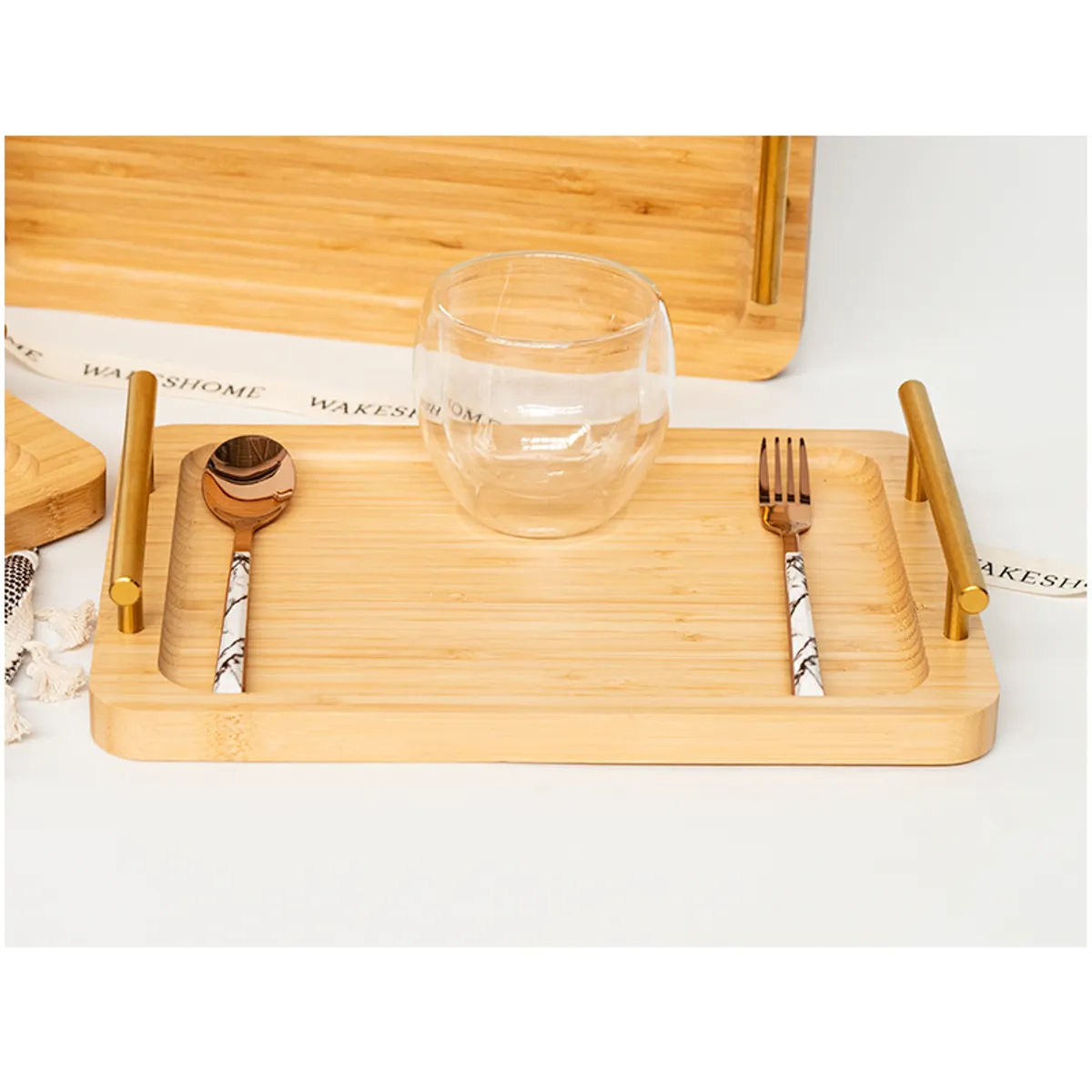 WAKESHOME - Set 3 Bandeja De Servicio Bambu Con Asas De Cocina Desayuno Madera