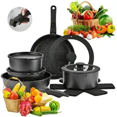 GENERICO - Juego De Ollas Y Sarten Bateria De Cocina Extraíble 15pcs Negro