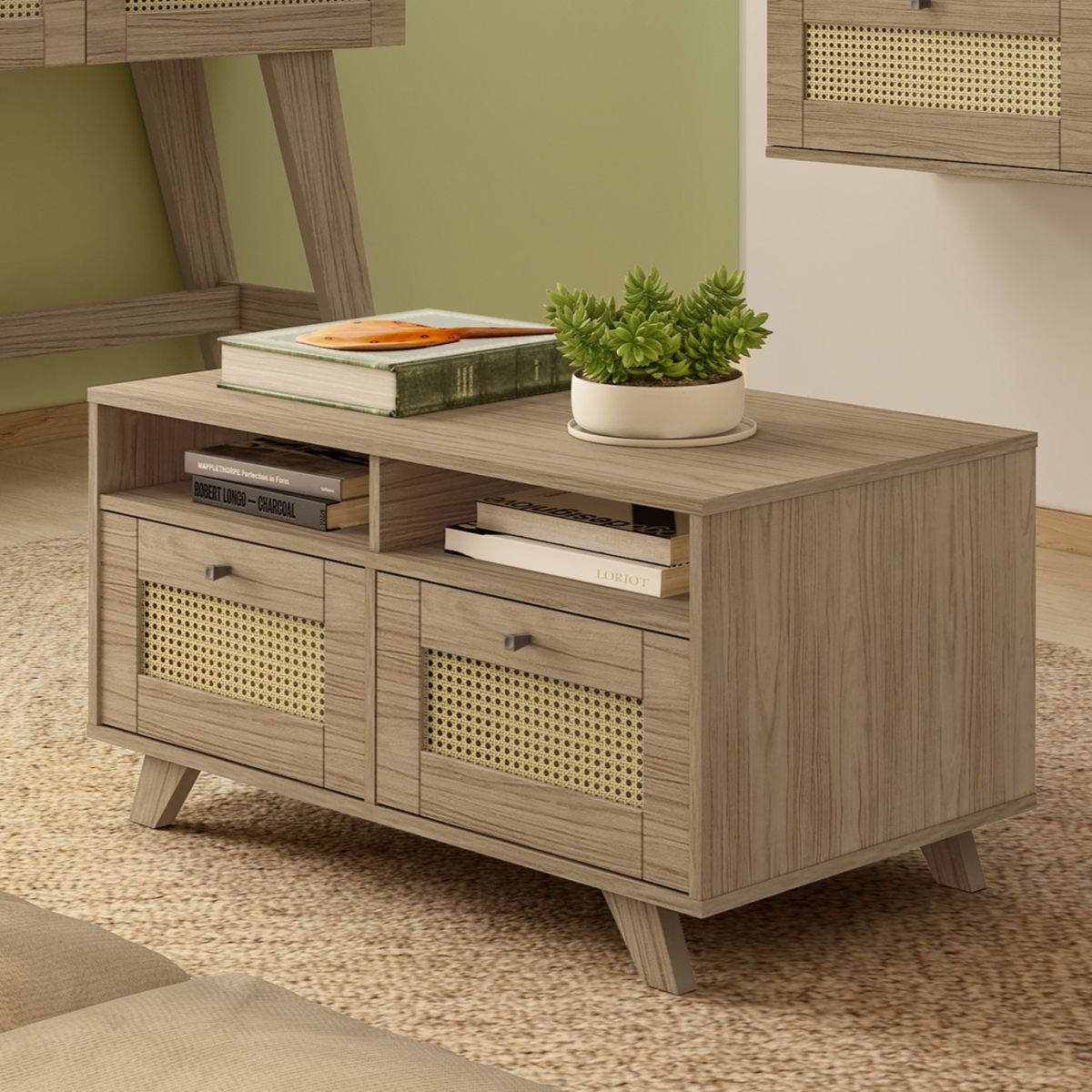 EXIT - Mesa de Centro 2 Cajones 2 Repisas 91x46x50 cm Marrón Roble - Trama