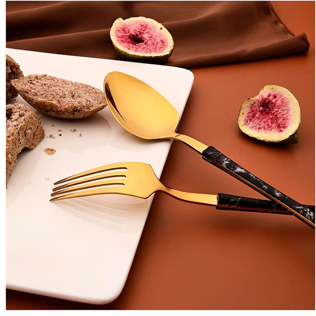 WAKESHOME - Juego De Cuchilleria 6 Piezas Dorado Mango Efecto Mármol-Tenedor